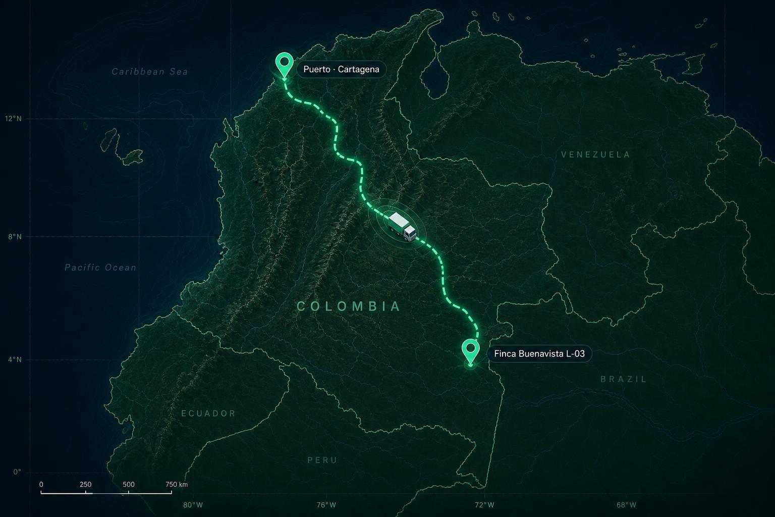 Ruta de carga Finca Buenavista → Puerto de Cartagena